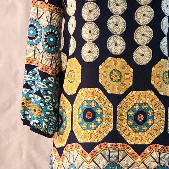 Millibon Navy Teal Gold Geometric Lightweight Scoop Back Sheath Dress M - Picture 3 of 9